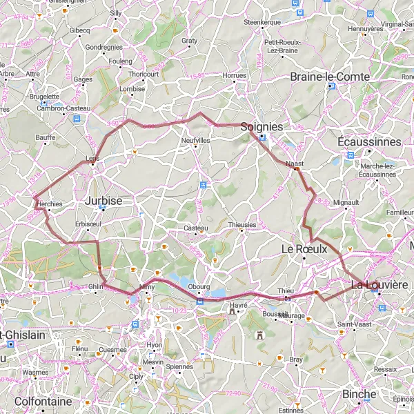 Miniature de la carte de l'inspiration cycliste "Sentiers Gravel de La Louvière" dans la Prov. Hainaut, Belgium. Générée par le planificateur d'itinéraire cycliste Tarmacs.app