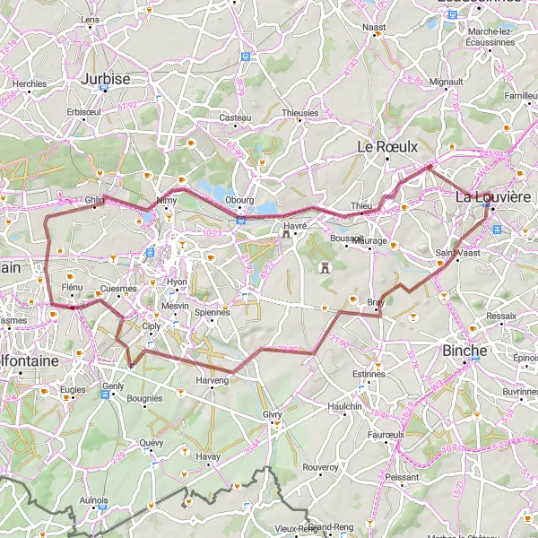 Map miniature of "Countryside Gravel Tour" cycling inspiration in Prov. Hainaut, Belgium. Generated by Tarmacs.app cycling route planner