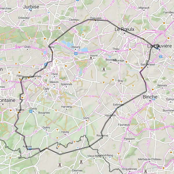 Map miniature of "La Louvière - Thieusies Loop" cycling inspiration in Prov. Hainaut, Belgium. Generated by Tarmacs.app cycling route planner