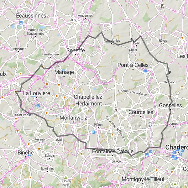 Map miniature of "La Louvière - Mont-Sainte-Aldegonde Loop" cycling inspiration in Prov. Hainaut, Belgium. Generated by Tarmacs.app cycling route planner