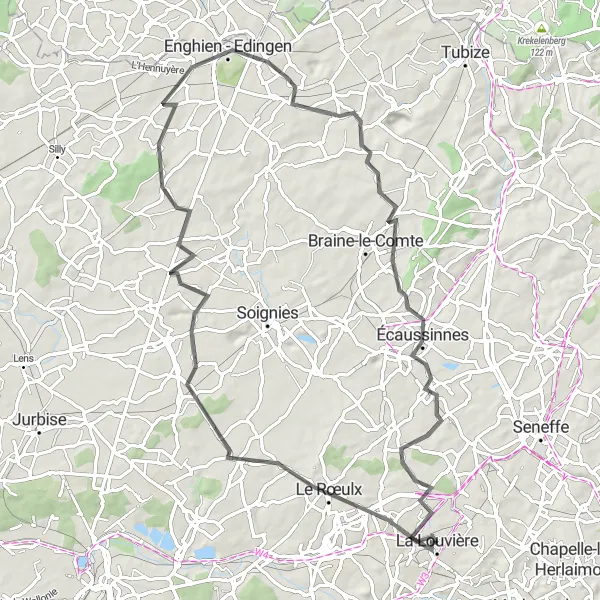 Map miniature of "La Louvière Loop" cycling inspiration in Prov. Hainaut, Belgium. Generated by Tarmacs.app cycling route planner