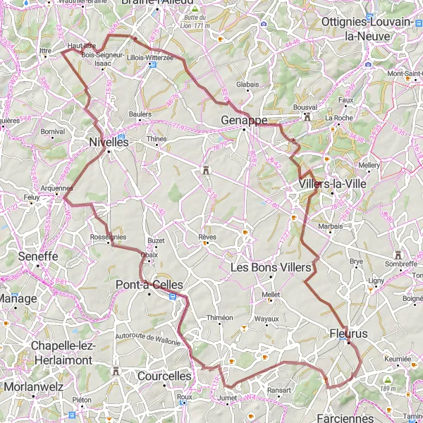Miniature de la carte de l'inspiration cycliste "La boucle gravier Gosselies-Genappe" dans la Prov. Hainaut, Belgium. Générée par le planificateur d'itinéraire cycliste Tarmacs.app