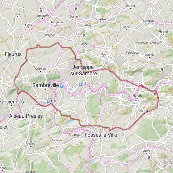 Map miniature of "Gravel Adventure Through Jemeppe-sur-Sambre and Tamines" cycling inspiration in Prov. Hainaut, Belgium. Generated by Tarmacs.app cycling route planner