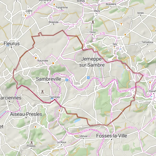 Karten-Miniaturansicht der Radinspiration "Graveltour von Lambusart nach Névremont und zurück" in Prov. Hainaut, Belgium. Erstellt vom Tarmacs.app-Routenplaner für Radtouren