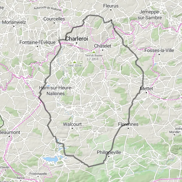 Karten-Miniaturansicht der Radinspiration "Herausfordernde Fahrt von Lambusart nach Gozée und zurück" in Prov. Hainaut, Belgium. Erstellt vom Tarmacs.app-Routenplaner für Radtouren