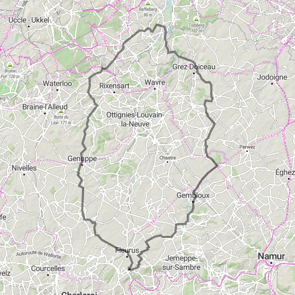 Map miniature of "Fleurus Adventure" cycling inspiration in Prov. Hainaut, Belgium. Generated by Tarmacs.app cycling route planner