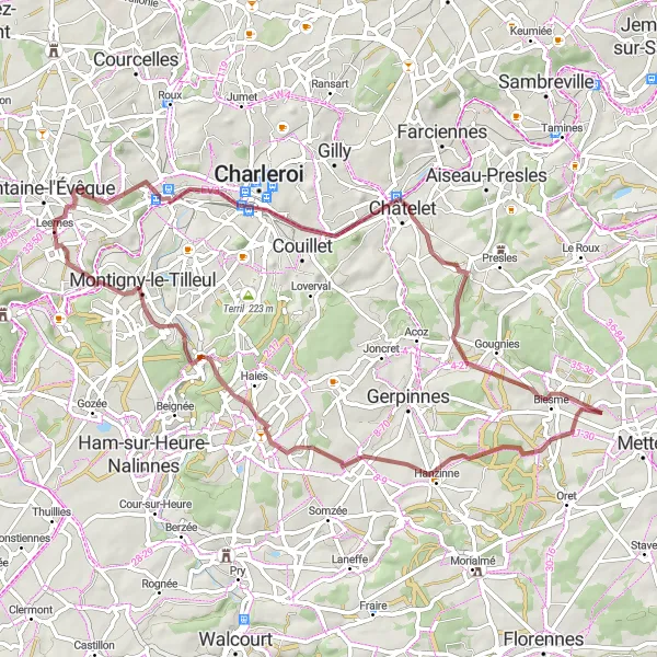 Map miniature of "Gravel Adventure: Châtelet Loop" cycling inspiration in Prov. Hainaut, Belgium. Generated by Tarmacs.app cycling route planner