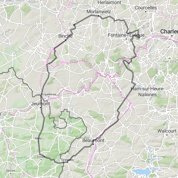 Miniatuurkaart van de fietsinspiratie "Uitdagende rit van Aulne naar Goutroux" in Prov. Hainaut, Belgium. Gemaakt door de Tarmacs.app fietsrouteplanner