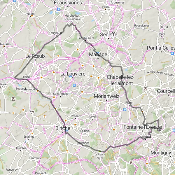 Map miniature of "Leernes - Le Planty - Terril du Quesnoy - Thieu - Familleureux - Chapelle-lez-Herlaimont - Goutroux - Leernes" cycling inspiration in Prov. Hainaut, Belgium. Generated by Tarmacs.app cycling route planner