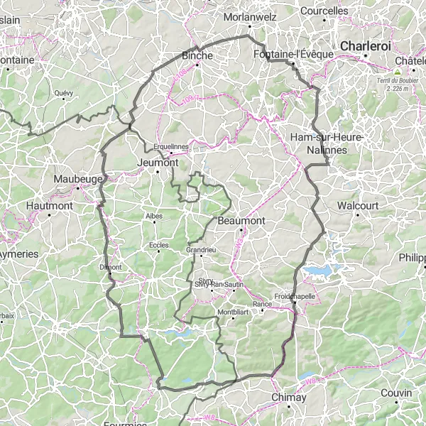 Map miniature of "Leernes to Terril Calvaire 2" cycling inspiration in Prov. Hainaut, Belgium. Generated by Tarmacs.app cycling route planner