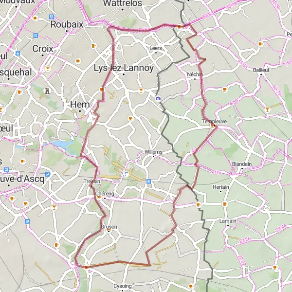 Map miniature of "Tranquil Gravel Route: Leers-Nord to Bouvines" cycling inspiration in Prov. Hainaut, Belgium. Generated by Tarmacs.app cycling route planner