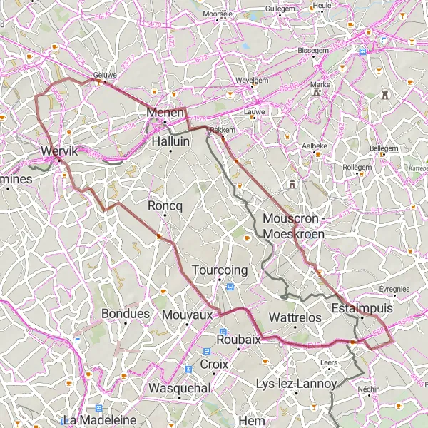 Map miniature of "Leers-Nord Gravel Adventure" cycling inspiration in Prov. Hainaut, Belgium. Generated by Tarmacs.app cycling route planner