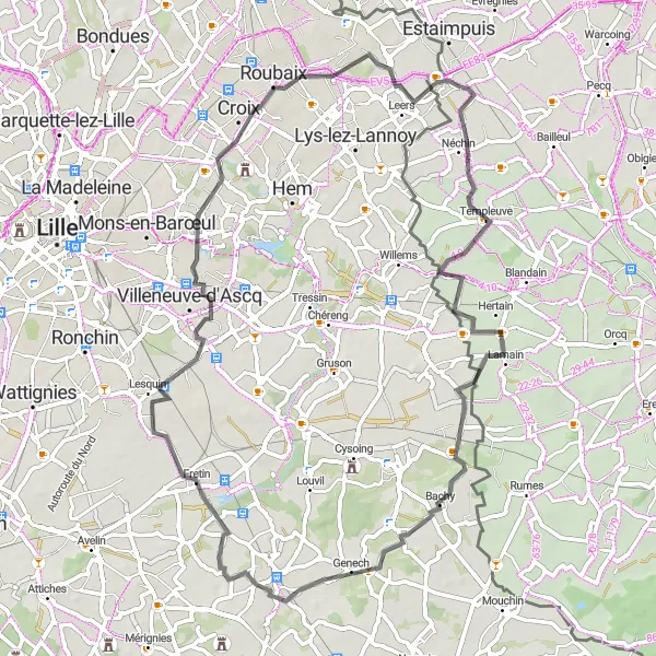 Map miniature of "Leers-Nord Circuit: Explore Valenciennes and Roubaix" cycling inspiration in Prov. Hainaut, Belgium. Generated by Tarmacs.app cycling route planner