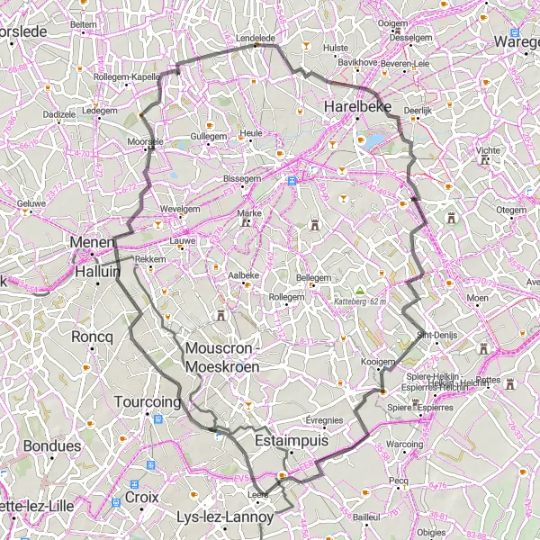 Miniature de la carte de l'inspiration cycliste "Les Châteaux Flamands" dans la Prov. Hainaut, Belgium. Générée par le planificateur d'itinéraire cycliste Tarmacs.app