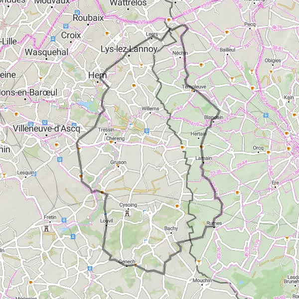 Miniatuurkaart van de fietsinspiratie "Wegroute rond Leers-Nord met zicht op Bouvines" in Prov. Hainaut, Belgium. Gemaakt door de Tarmacs.app fietsrouteplanner