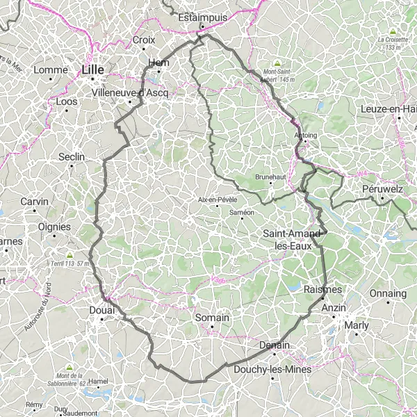 Map miniature of "Challenging Loop: From Leers-Nord to Tournai" cycling inspiration in Prov. Hainaut, Belgium. Generated by Tarmacs.app cycling route planner