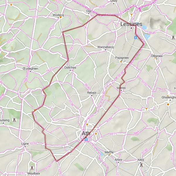 Miniatuurkaart van de fietsinspiratie "Route Lessines - Ath - Mainvault - Ogy" in Prov. Hainaut, Belgium. Gemaakt door de Tarmacs.app fietsrouteplanner