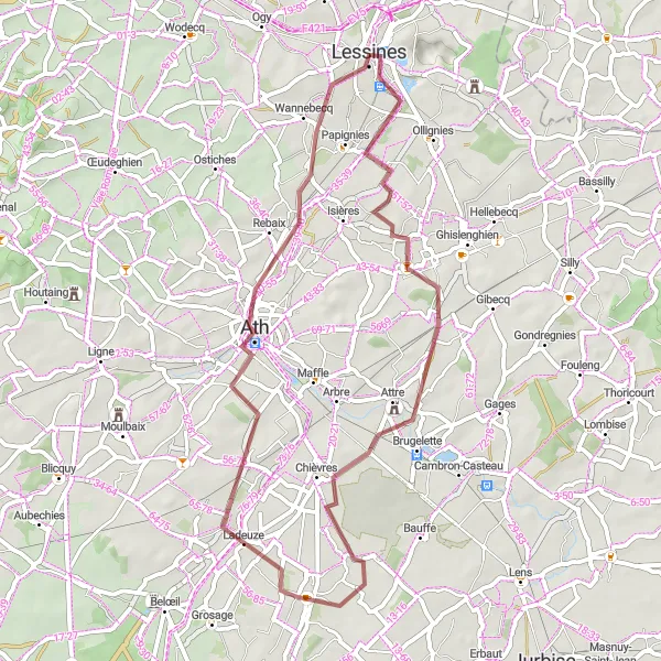 Map miniature of "Gravel Loop: Beauty of Hainaut" cycling inspiration in Prov. Hainaut, Belgium. Generated by Tarmacs.app cycling route planner