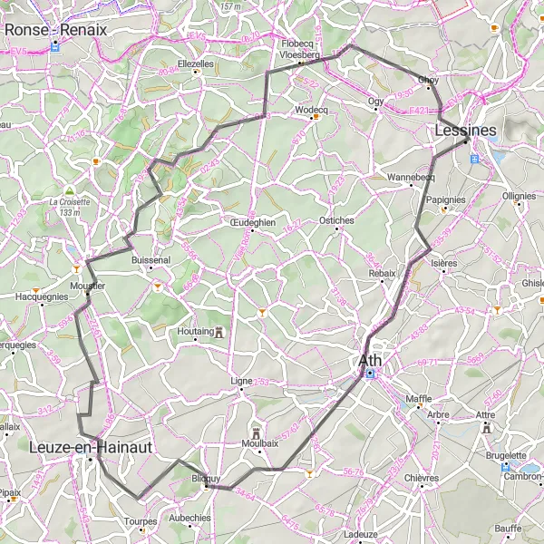 Miniatuurkaart van de fietsinspiratie "Route Lessines - Ath - Leuze-en-Hainaut - Moustier - Kiosque à musique - Lessines" in Prov. Hainaut, Belgium. Gemaakt door de Tarmacs.app fietsrouteplanner