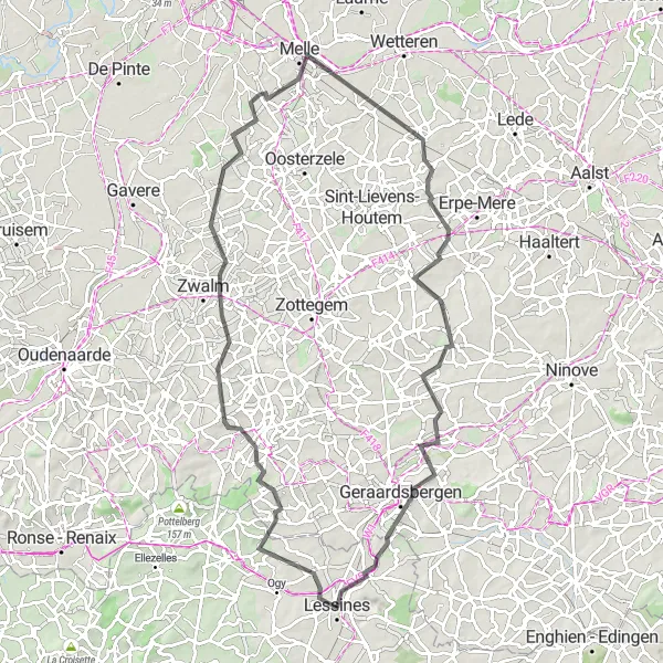 Miniatuurkaart van de fietsinspiratie "Route Lessines - Tenbosse - Nederbrakel - Bottelare - Burst - Oudeberg - Geraardsbergen - Lessines" in Prov. Hainaut, Belgium. Gemaakt door de Tarmacs.app fietsrouteplanner