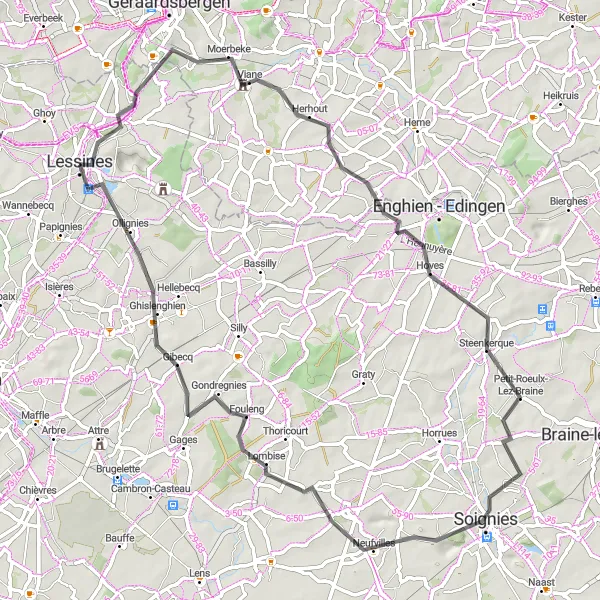 Map miniature of "Road Cycling Adventure: Exploring Lessines and Beyond" cycling inspiration in Prov. Hainaut, Belgium. Generated by Tarmacs.app cycling route planner