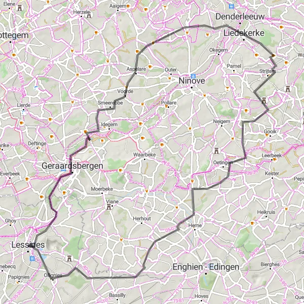 Karten-Miniaturansicht der Radinspiration "Rundfahrt durch Geraardsbergen, Liedekerke, Herne und Bois-de-Lessines" in Prov. Hainaut, Belgium. Erstellt vom Tarmacs.app-Routenplaner für Radtouren