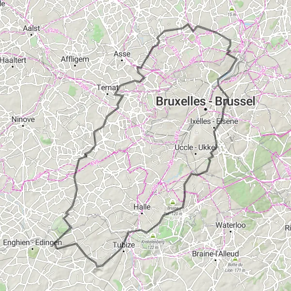 Miniature de la carte de l'inspiration cycliste "Parcours à vélo d'environ 101 km près de Lettelingen" dans la Prov. Hainaut, Belgium. Générée par le planificateur d'itinéraire cycliste Tarmacs.app