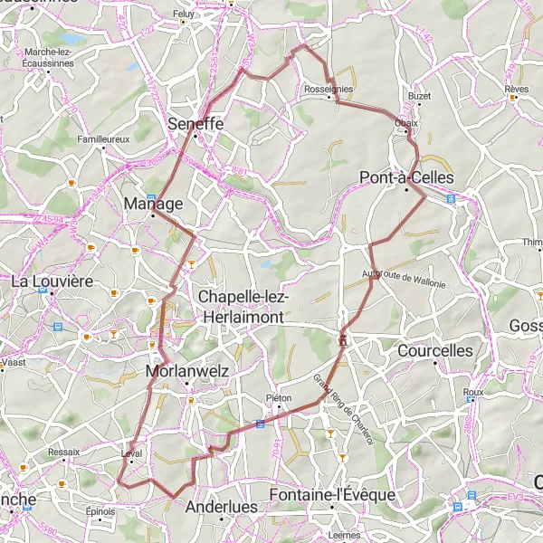 Map miniature of "Gravel Adventure near Leval-Trahegnies" cycling inspiration in Prov. Hainaut, Belgium. Generated by Tarmacs.app cycling route planner