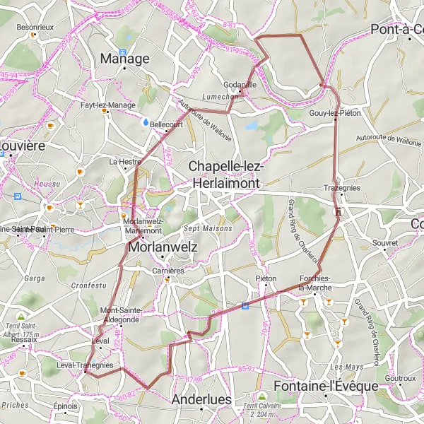 Karten-Miniaturansicht der Radinspiration "Schotterroute von Leval-Trahegnies nach Gouy-lez-Piéton" in Prov. Hainaut, Belgium. Erstellt vom Tarmacs.app-Routenplaner für Radtouren