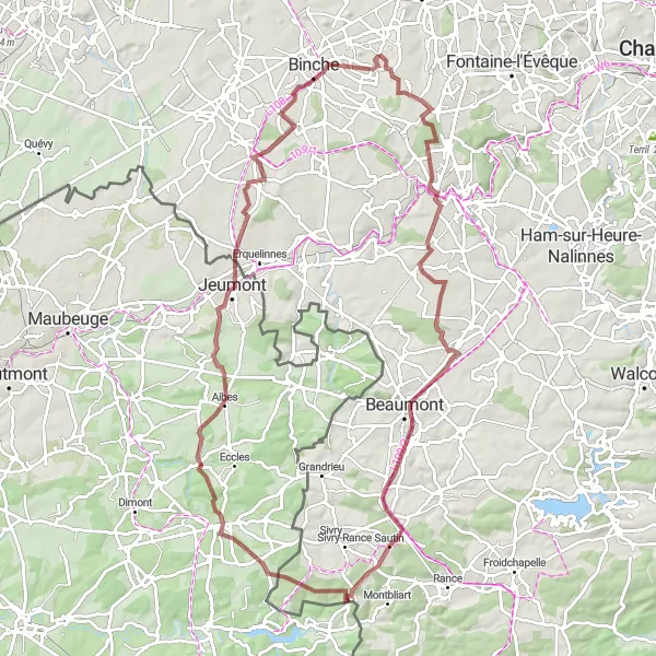 Miniature de la carte de l'inspiration cycliste "Parcours gravel à travers Lobbes et Beaumont" dans la Prov. Hainaut, Belgium. Générée par le planificateur d'itinéraire cycliste Tarmacs.app