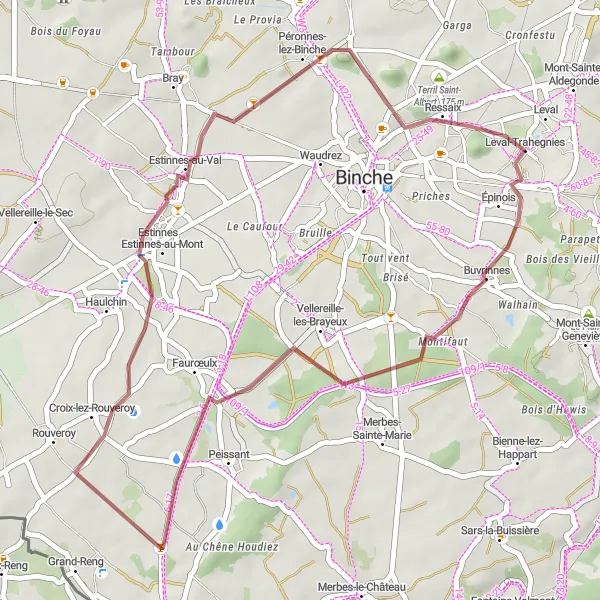 Map miniature of "The Gravel Adventure of Buvrinnes and Leval-Trahegnies" cycling inspiration in Prov. Hainaut, Belgium. Generated by Tarmacs.app cycling route planner