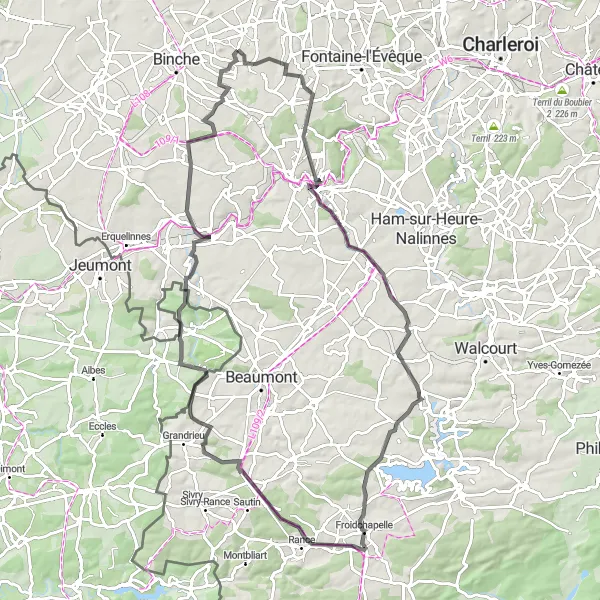 Karten-Miniaturansicht der Radinspiration "Herausfordernde Rundtour durch Leval-Trahegnies" in Prov. Hainaut, Belgium. Erstellt vom Tarmacs.app-Routenplaner für Radtouren