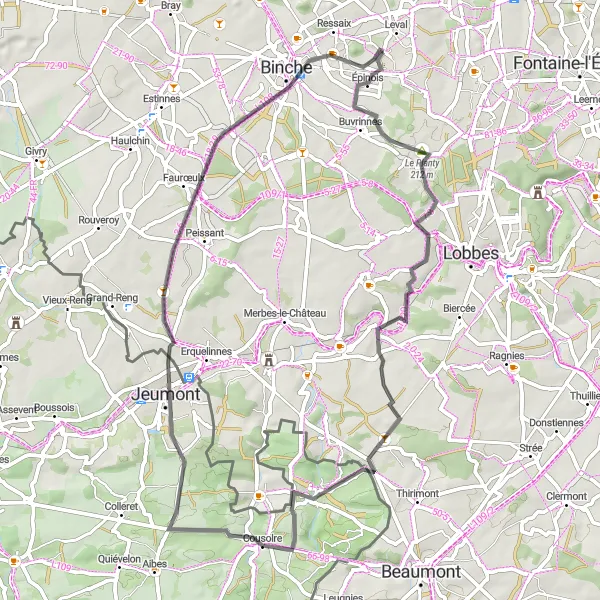 Map miniature of "Road Cycling Extravaganza Through Hainaut: Leval-Trahegnies to Cousolre" cycling inspiration in Prov. Hainaut, Belgium. Generated by Tarmacs.app cycling route planner