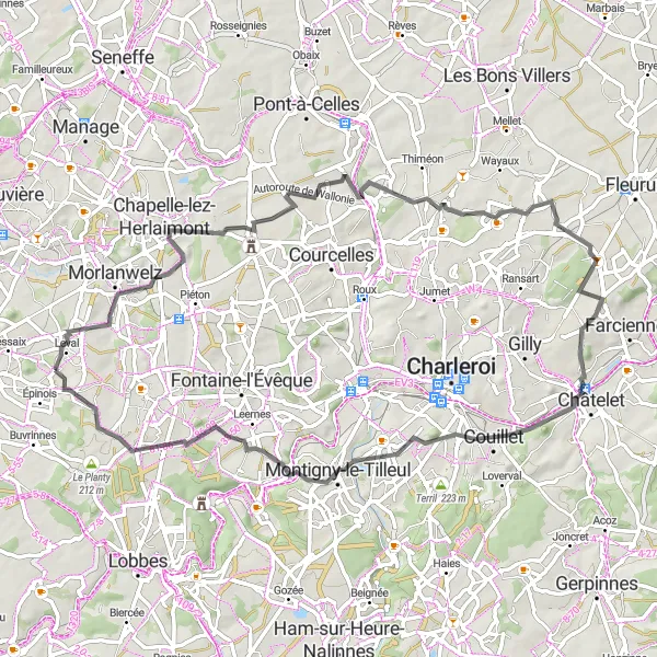 Karten-Miniaturansicht der Radinspiration "Abenteuerliche Straßenrunde um Leval-Trahegnies" in Prov. Hainaut, Belgium. Erstellt vom Tarmacs.app-Routenplaner für Radtouren
