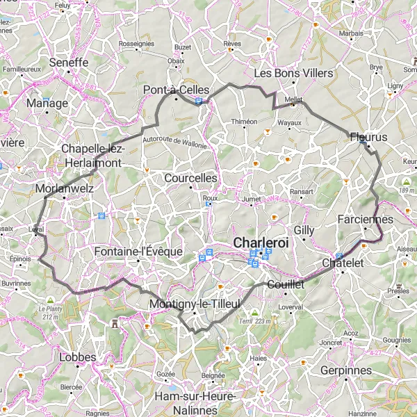 Miniature de la carte de l'inspiration cycliste "Boucles autour de Leval-Trahegnies" dans la Prov. Hainaut, Belgium. Générée par le planificateur d'itinéraire cycliste Tarmacs.app