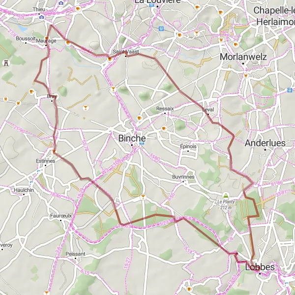Miniature de la carte de l'inspiration cycliste "Parcours en gravel jusqu'à Leval-Trahegnies" dans la Prov. Hainaut, Belgium. Générée par le planificateur d'itinéraire cycliste Tarmacs.app
