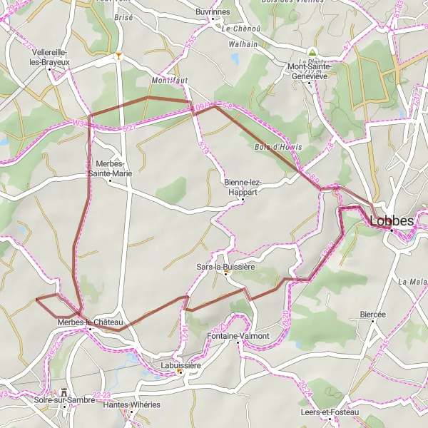 Miniatuurkaart van de fietsinspiratie "Verkenning van de natuur rond Lobbes" in Prov. Hainaut, Belgium. Gemaakt door de Tarmacs.app fietsrouteplanner