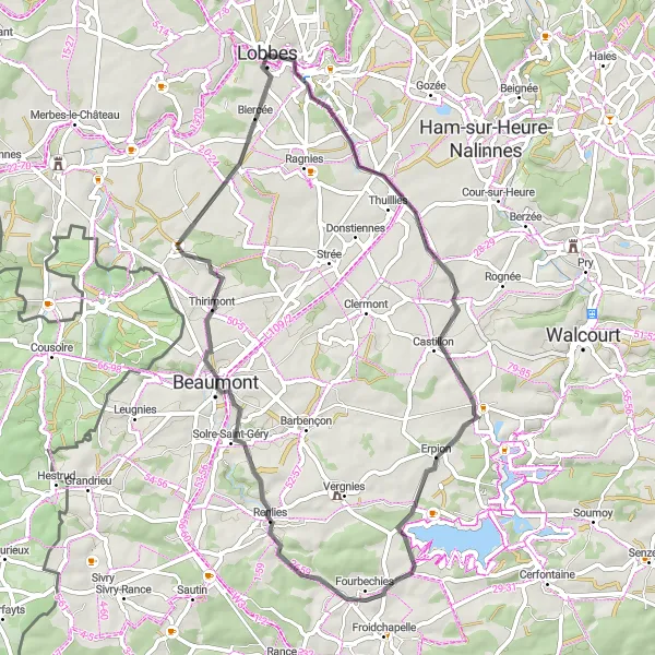 Miniatuurkaart van de fietsinspiratie "Pittoreske route langs Biesme-sous-Thuin en Renlies" in Prov. Hainaut, Belgium. Gemaakt door de Tarmacs.app fietsrouteplanner