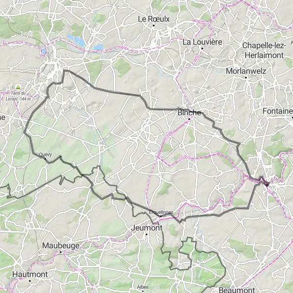 Map miniature of "Hills and Valleys" cycling inspiration in Prov. Hainaut, Belgium. Generated by Tarmacs.app cycling route planner