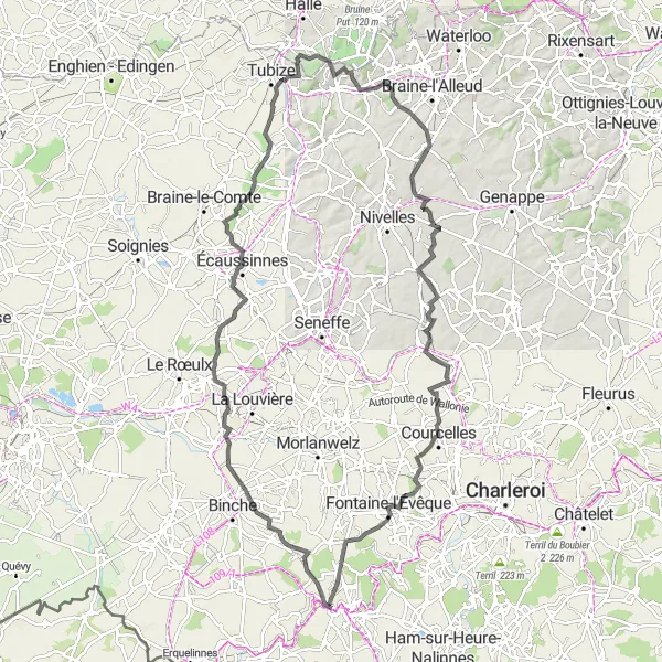 Map miniature of "Challenging Hills and Historic Sights" cycling inspiration in Prov. Hainaut, Belgium. Generated by Tarmacs.app cycling route planner