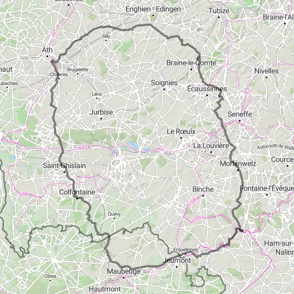 Map miniature of "The Hainaut Epic Adventure" cycling inspiration in Prov. Hainaut, Belgium. Generated by Tarmacs.app cycling route planner