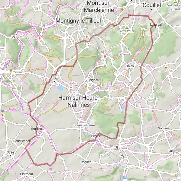 Map miniature of "Berzée Through Terril" cycling inspiration in Prov. Hainaut, Belgium. Generated by Tarmacs.app cycling route planner