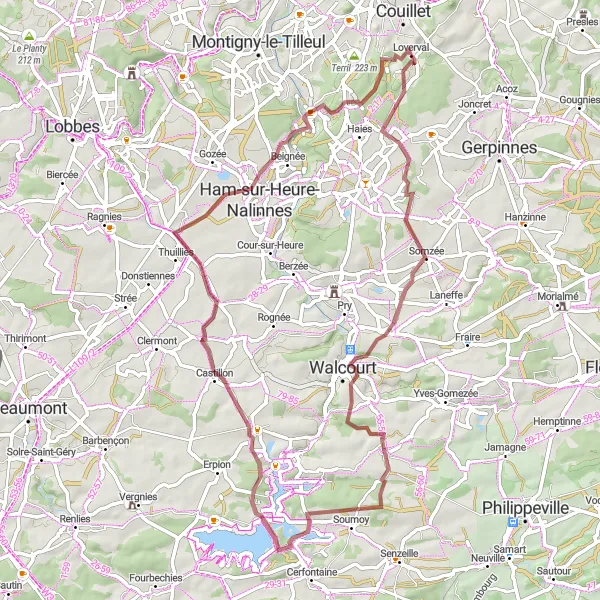 Miniatuurkaart van de fietsinspiratie "Gravelroute rond Loverval en Jamioulx" in Prov. Hainaut, Belgium. Gemaakt door de Tarmacs.app fietsrouteplanner
