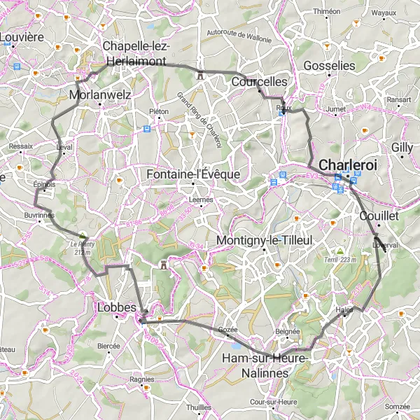 Miniature de la carte de l'inspiration cycliste "Randonnée Ham-sur-Heure-Roux" dans la Prov. Hainaut, Belgium. Générée par le planificateur d'itinéraire cycliste Tarmacs.app