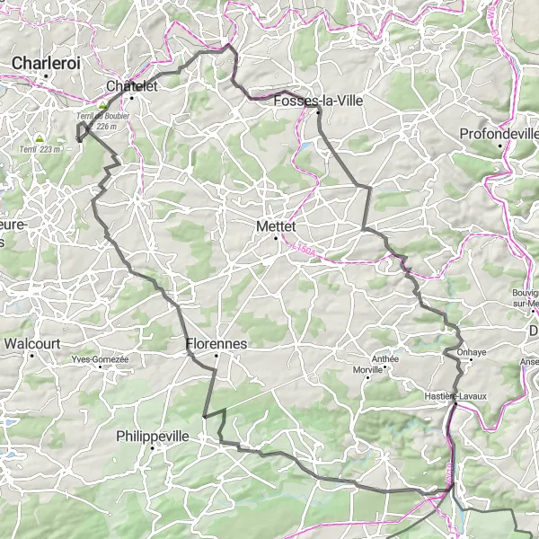 Karten-Miniaturansicht der Radinspiration "Herausfordernde Tour durch Romedenne" in Prov. Hainaut, Belgium. Erstellt vom Tarmacs.app-Routenplaner für Radtouren