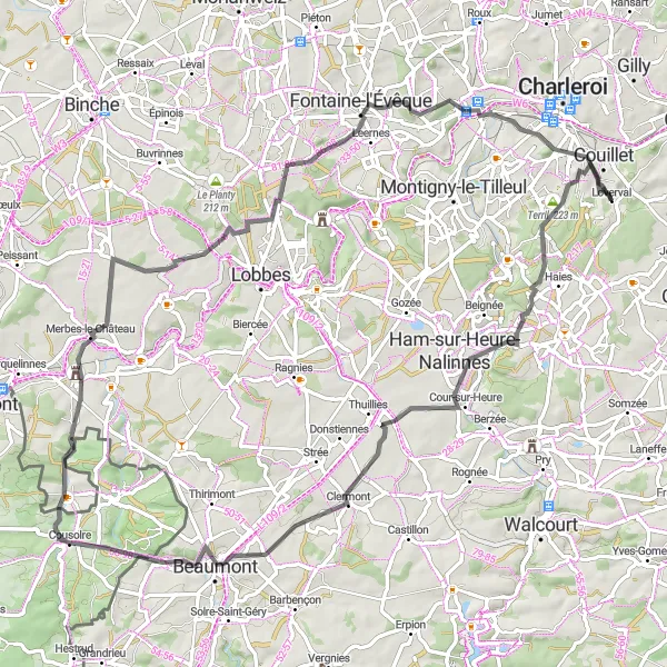 Map miniature of "Loverval to Marchienne-au-Pont" cycling inspiration in Prov. Hainaut, Belgium. Generated by Tarmacs.app cycling route planner
