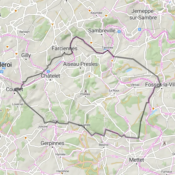 Map miniature of "Exploring Sambre Valley" cycling inspiration in Prov. Hainaut, Belgium. Generated by Tarmacs.app cycling route planner