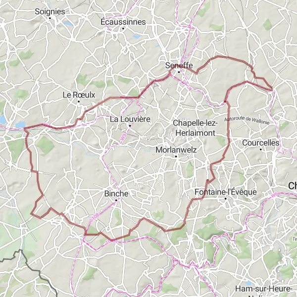 Miniatuurkaart van de fietsinspiratie "Grindpaden van Luttre naar Obaix" in Prov. Hainaut, Belgium. Gemaakt door de Tarmacs.app fietsrouteplanner