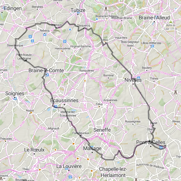 Map miniature of "Challenging Road Route with Historic Gems" cycling inspiration in Prov. Hainaut, Belgium. Generated by Tarmacs.app cycling route planner