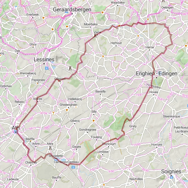 Miniature de la carte de l'inspiration cycliste "Parcours Gravel entre Maffle et Enghien" dans la Prov. Hainaut, Belgium. Générée par le planificateur d'itinéraire cycliste Tarmacs.app
